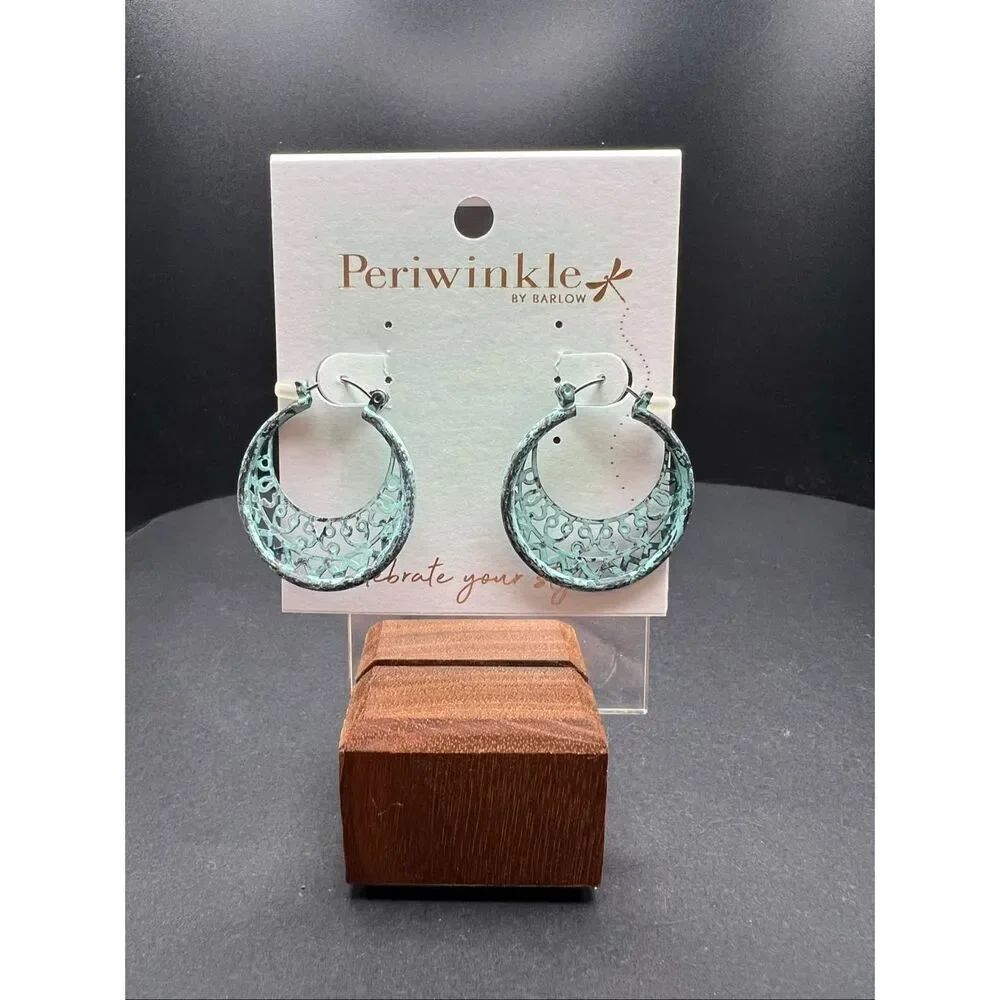 Periwinkle By Barlow Teal Blue Green Filigree Patina Crescent Hoop Earrings